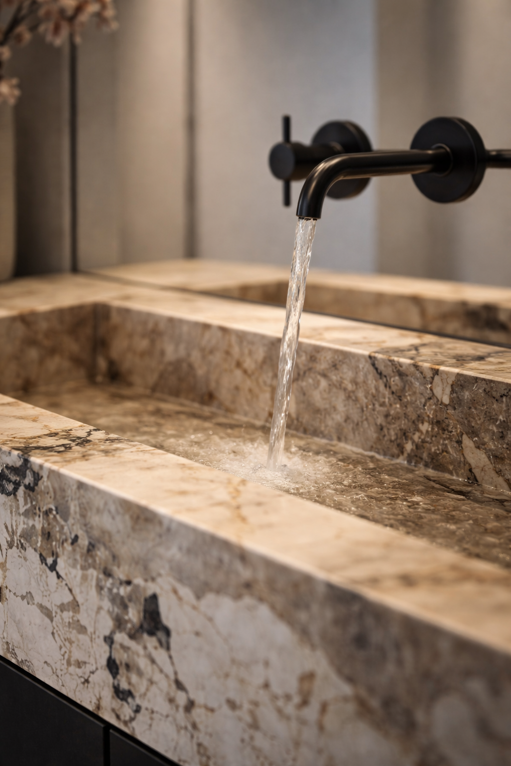Dekton Waschtisch Khalo nach Maß mit integriertem Waschbecken und schwarzer Armatur im hochwertigen Badezimmer