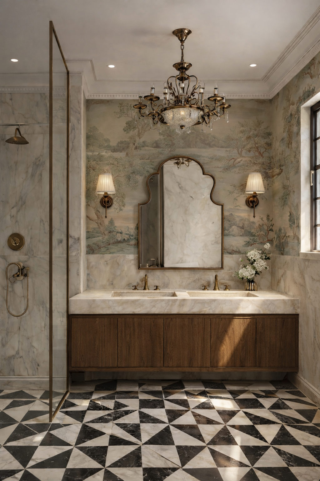 Maßgefertigter Dekton Doppelwaschtisch Albarium von Cosentino mit integriertem Waschbecken, warmem Holzunterschrank und goldenen Armaturen im eleganten Badezimmer