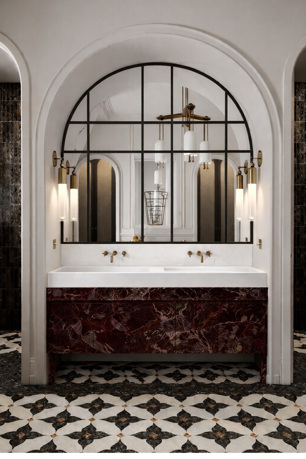 Maßgefertigter Dekton Doppelwaschtisch Halo von Cosentino mit integriertem Waschbecken, massivem Look, burgunderrotem Waschbeckenunterschrank und goldenen Armaturen im luxuriösen Badezimmer