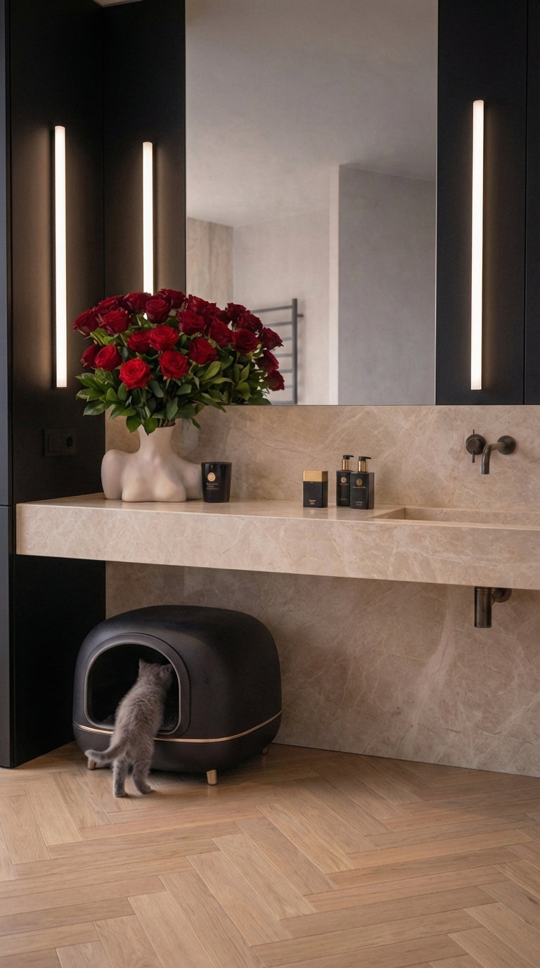 Maßgefertigter Dekton Waschtisch Arga von Cosentino mit integriertem Waschbecken, warmem Naturstein Look, schwarzer Wandarmatur und modernem Badezimmerambiente