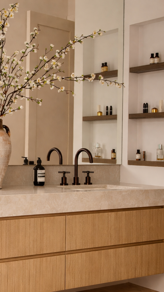 Maßgefertigter Dekton Doppelwaschtisch Narce von Cosentino mit integriertem Waschbecken, hellem Holz Waschbeckenunterschrank und schwarzen Armaturen im modernen Badezimmer